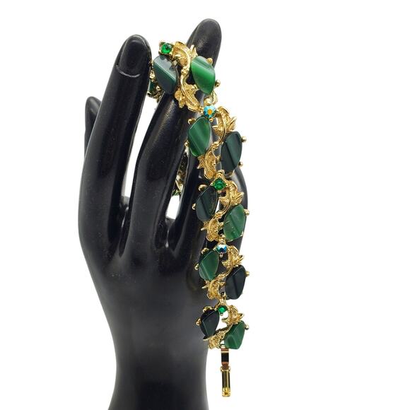 Green Thermoset Link Bracelet Rhinestone AB Gold Tone 7 1/2" L Vintage 1960s 70s - Picture 9 of 9